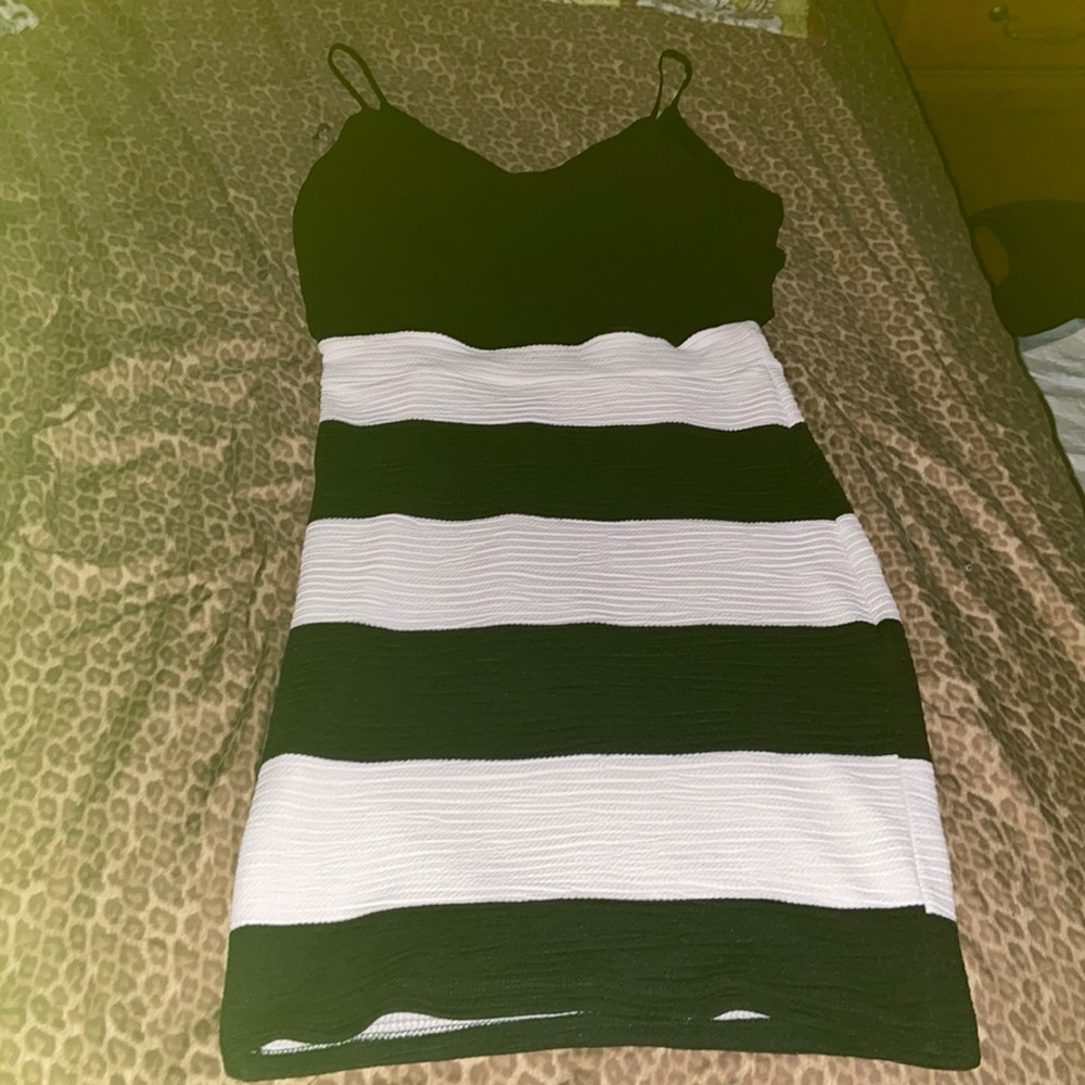 Black and white spaghetti strap body con dress.
